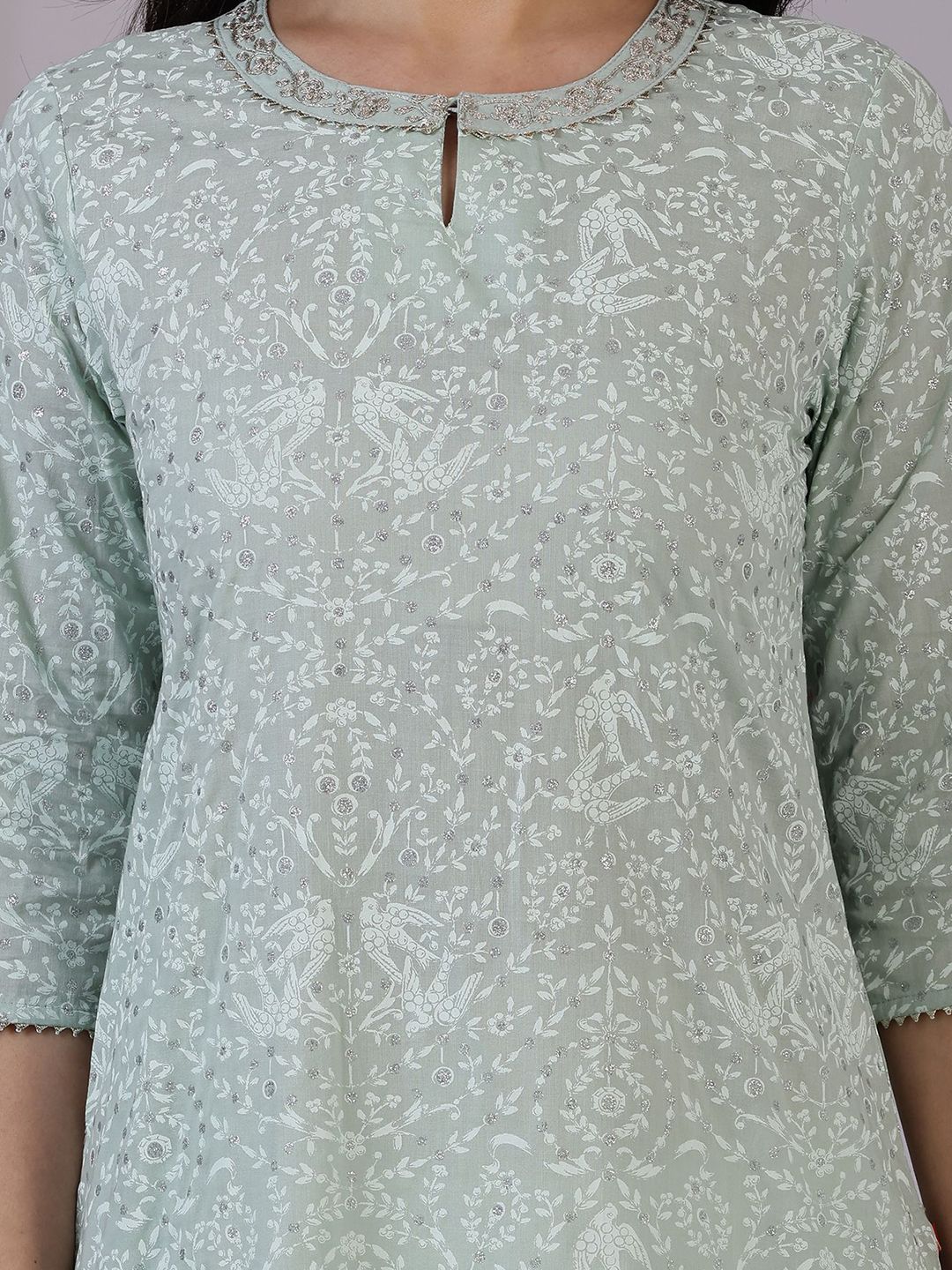 W Green Floral Printed Keyhole Neck Three-Quarter Sleeves Regular Pure Cotton Kurta