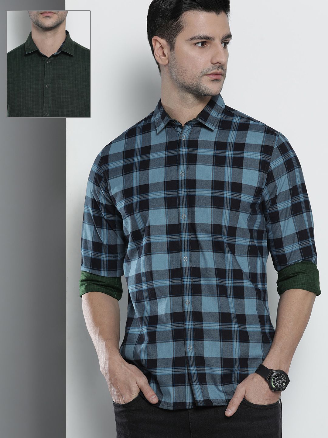 The Indian Garage Co Men Blue & Olive Green Comfort Fit Checked Reversible Cotton Shirt