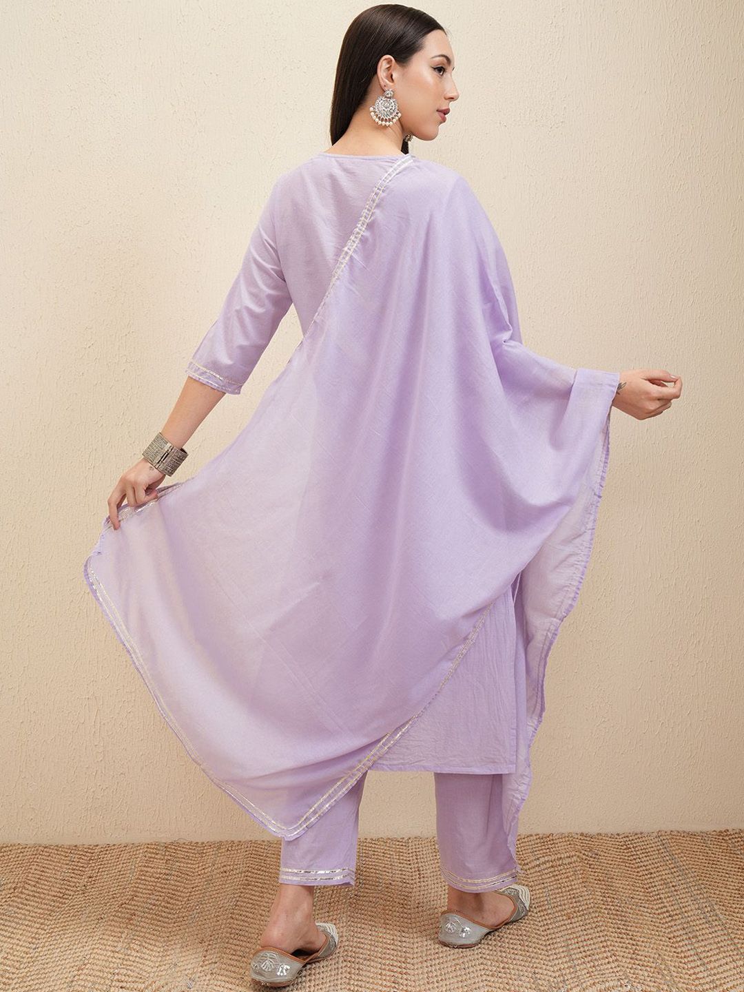 Vishudh Lavender Embroidered Pure Cotton Straight Kurta With Trousers & Dupatta