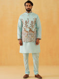 SOJANYA LUXE Thread Work Silk Cotton Straight Kurta with Churidar & Nehru Jacket