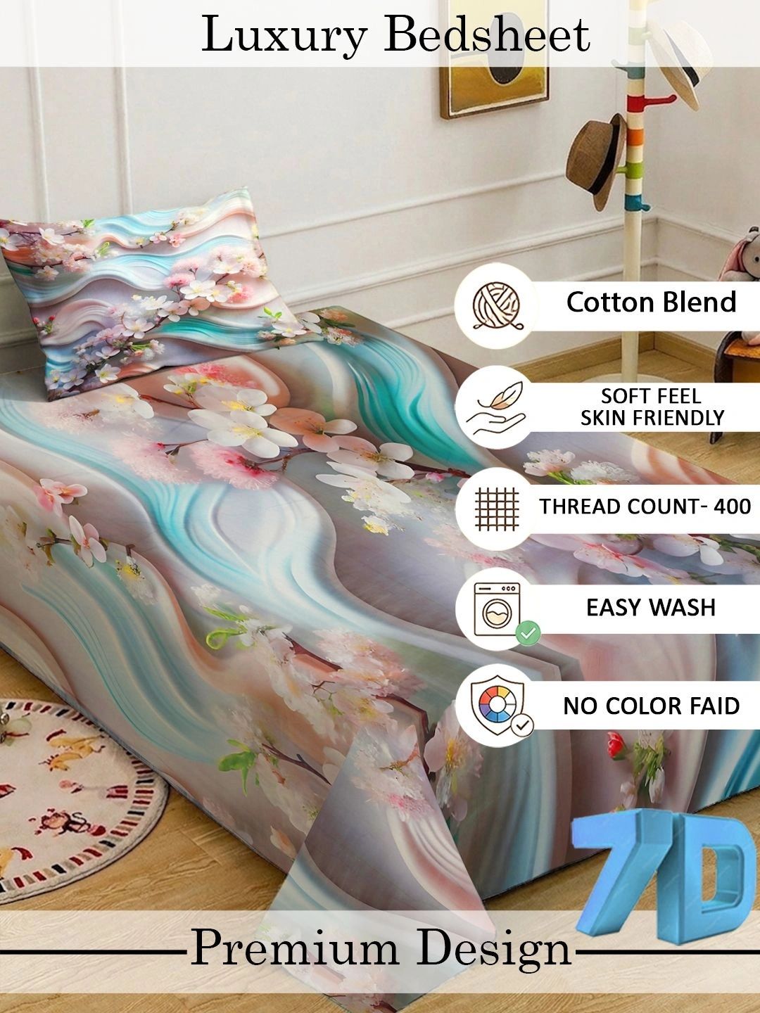 KLOTTHE Blue & Pink Floral Fitted 400 TC Single 7D Bedsheet with 1 Pillow Covers