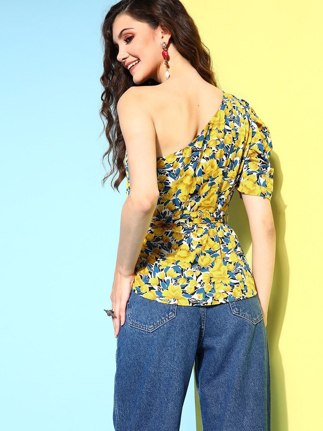 Berrylush Floral Print One Shoulder Puff Sleeve Peplum Top