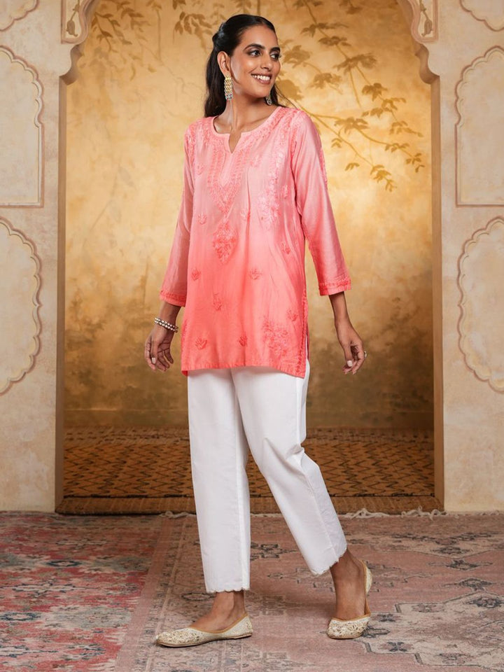 House of Chikankari Women Peach Chanderi Chikankari Embroidered Kurti