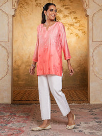 House of Chikankari Women Peach Chanderi Chikankari Embroidered Kurti