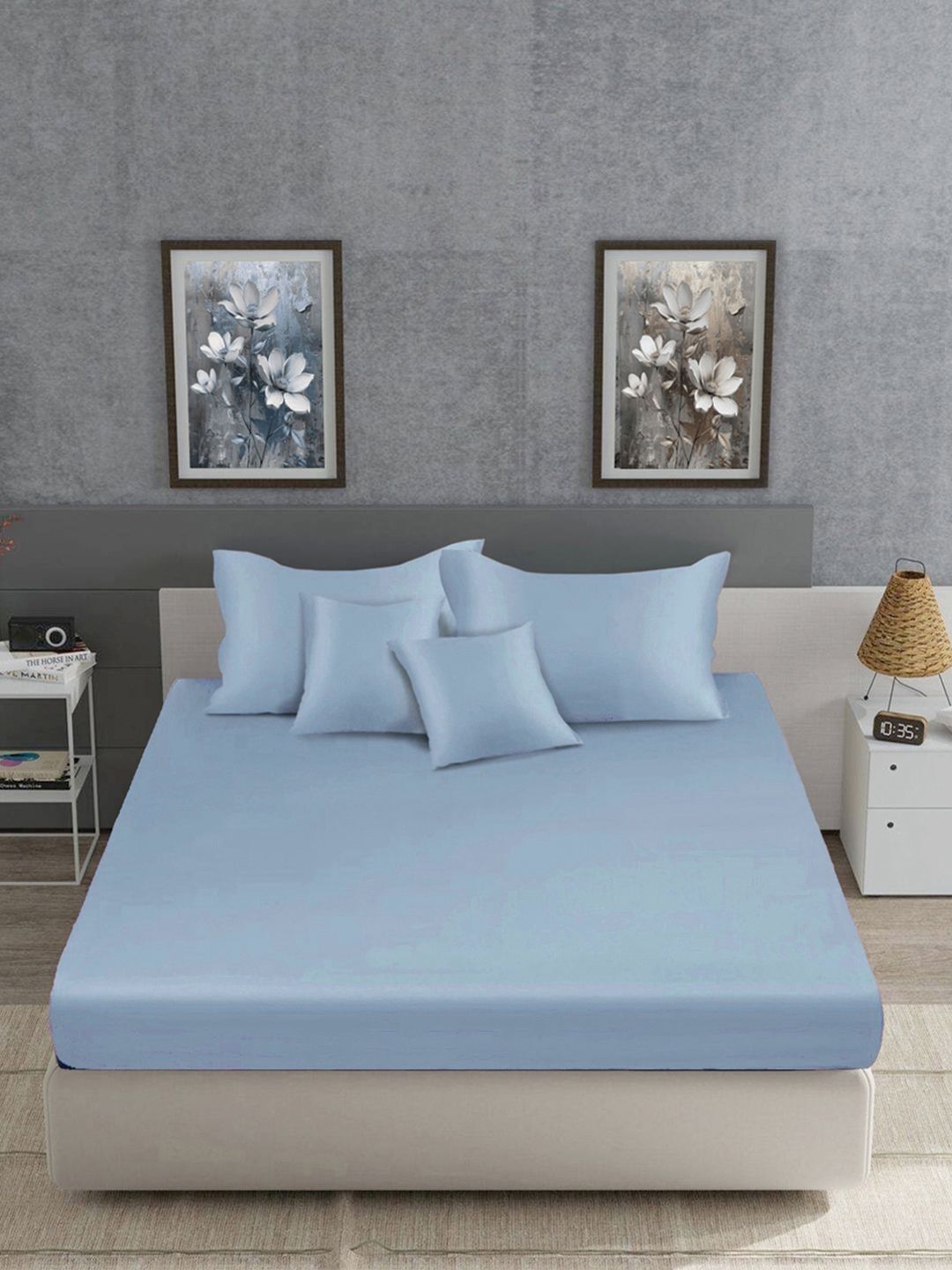 Myntra Elegant Homes Blue 400 TC Bedsheet with 4 Pillow Covers