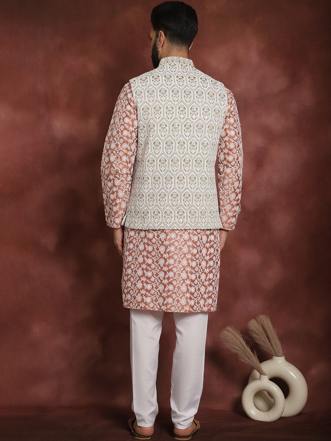 Anouk Floral Embroidered Thread Work Straight Kurta With Pyjama & Nehru Jacket