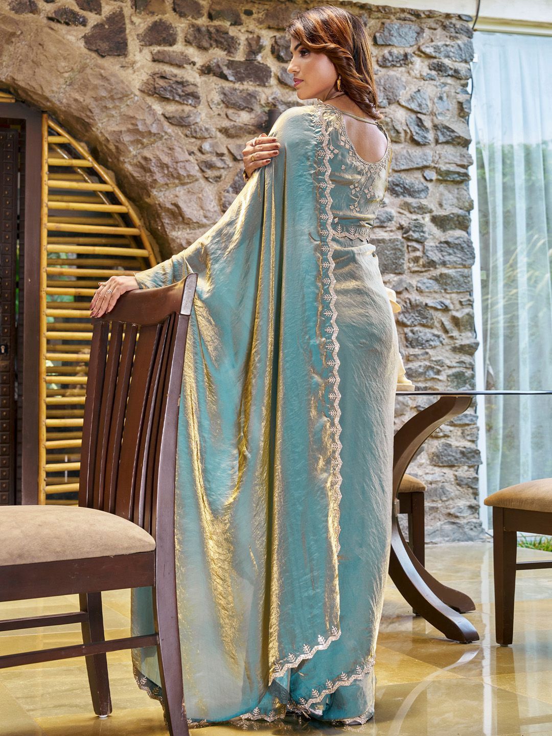 Saree Mall Teal blue Pure Chiffon Embellished Party Wear Saree with Matching Blouse