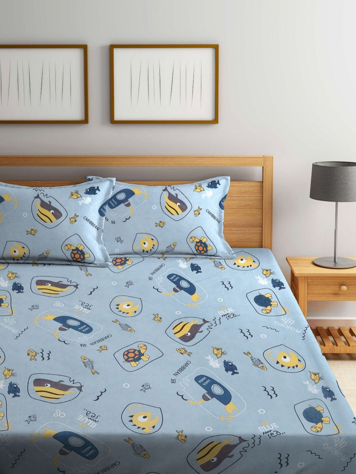 Myntra Elegant Homes Velar Sib Grey Conversational Cotton 300 TC Fitted King Fine Bedsheet with 2 Pillow Covers-250 x 225 cm