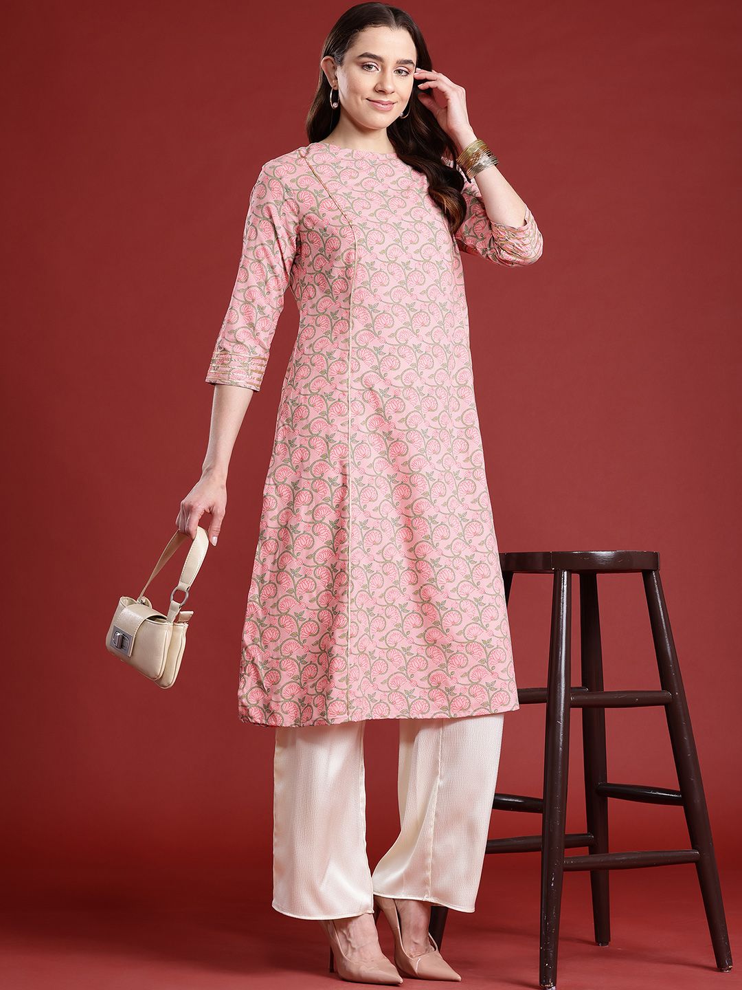 Anouk Floral Printed Back Tie-Up Embellish Detail Kurta