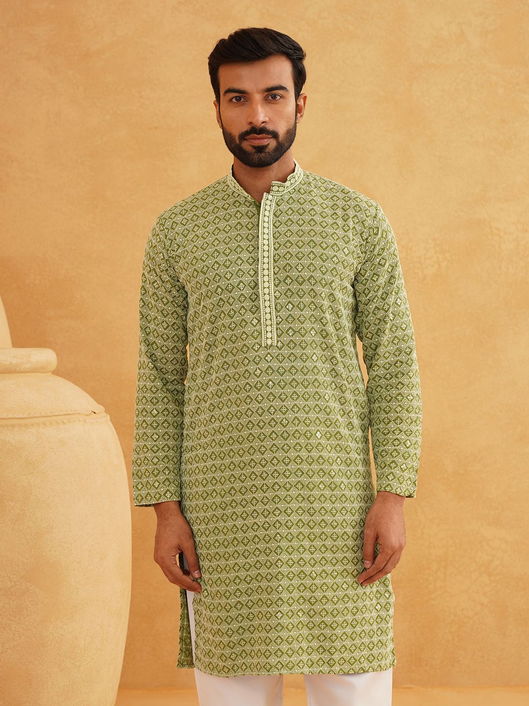 SOJANYA Geometric Sequinned Mandarin Collar Pure Cotton Straight Long Kurta