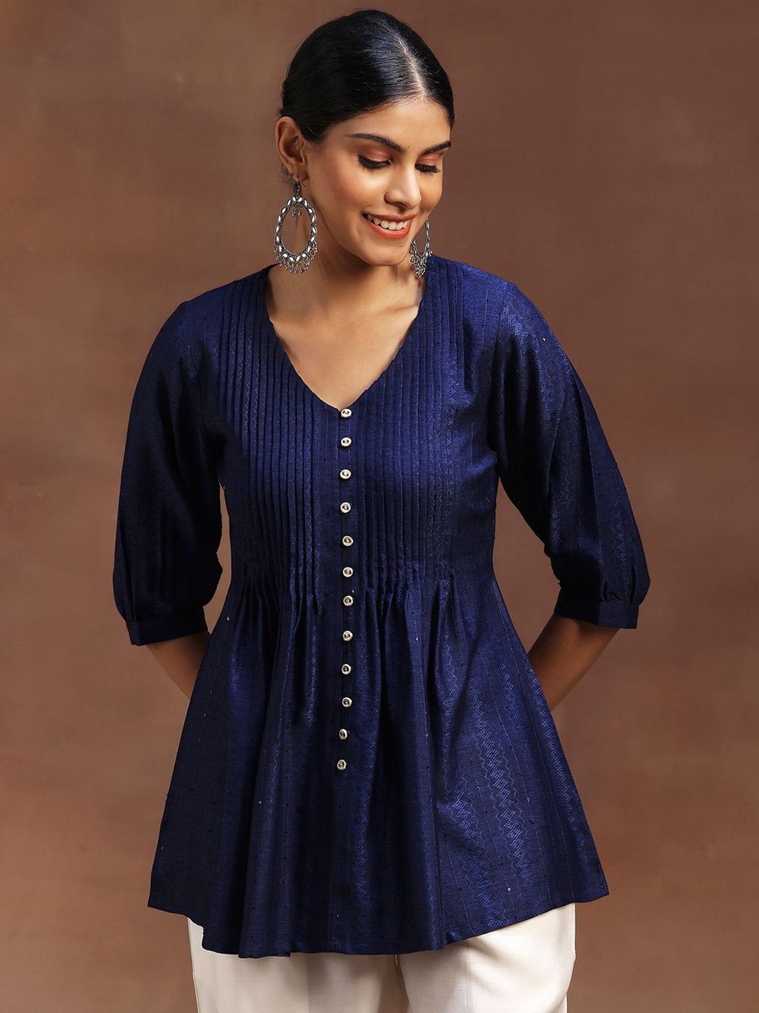 Libas Ethnic Motifs Woven Design V-Neck Pleated Kurti
