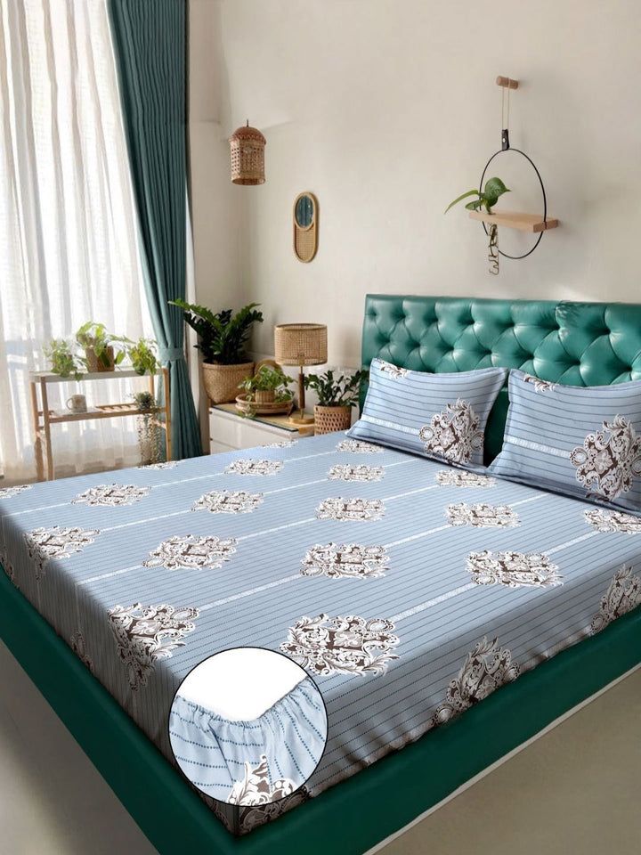 KLOTTHE Motif Etnik Kelabu Dicetak Dilengkapi Cadar Katil King Double 300 TC Dengan 2 Sarung Bantal