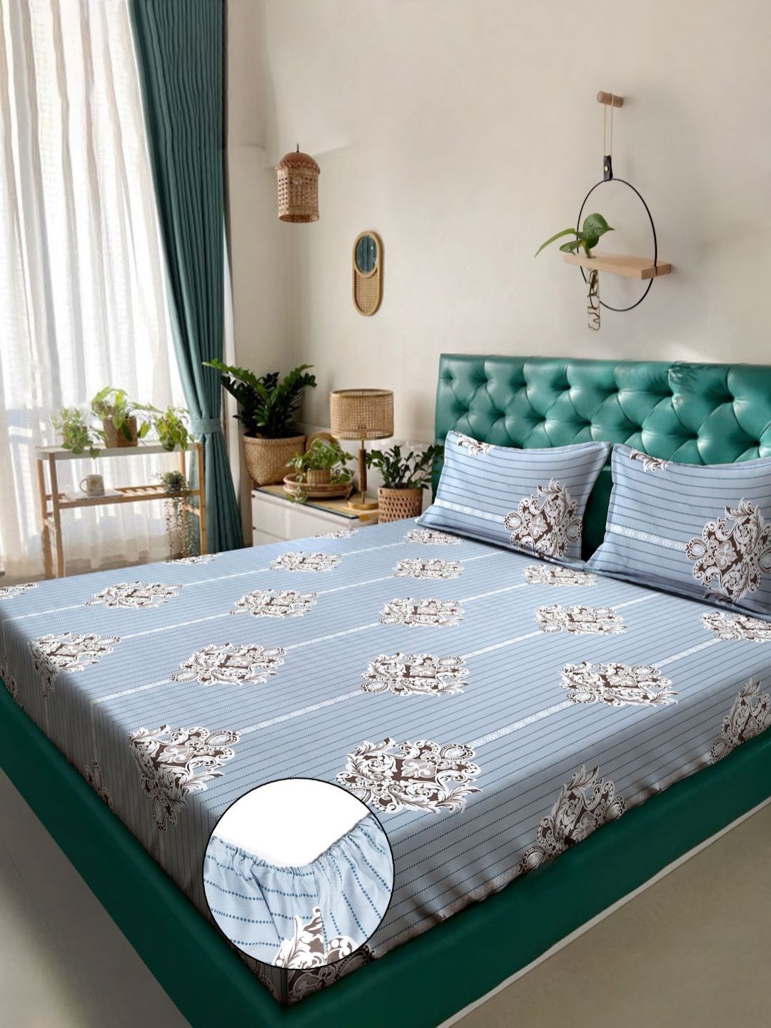 KLOTTHE Motif Etnik Kelabu Dicetak Dilengkapi Cadar Katil King Double 300 TC Dengan 2 Sarung Bantal