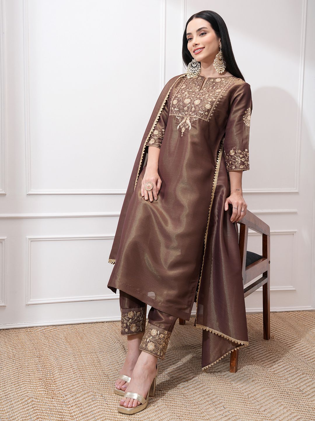Vishudh Women Ethnic Motifs Embroidered Regular Kurta with Trousers & With Dupatta