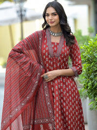 KALINI Floral Printed V-Neck Thread Work A-Line Kurta With Trousers & Dupatta