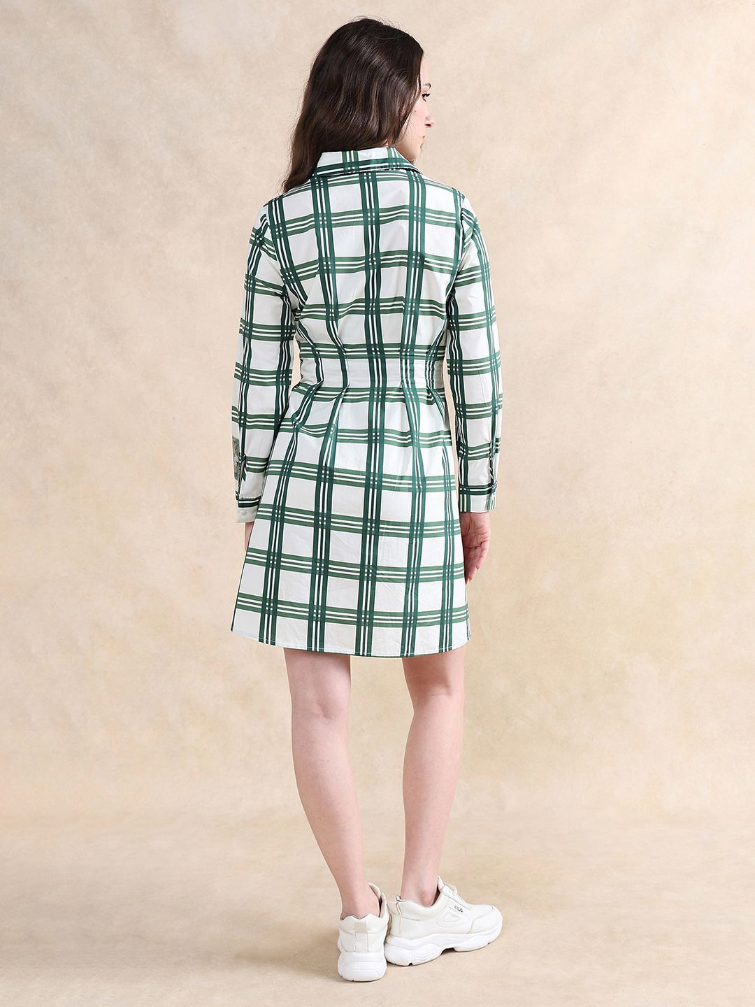 RAREISM Checked Printed Cotton Shirt Collar A-Line Dress