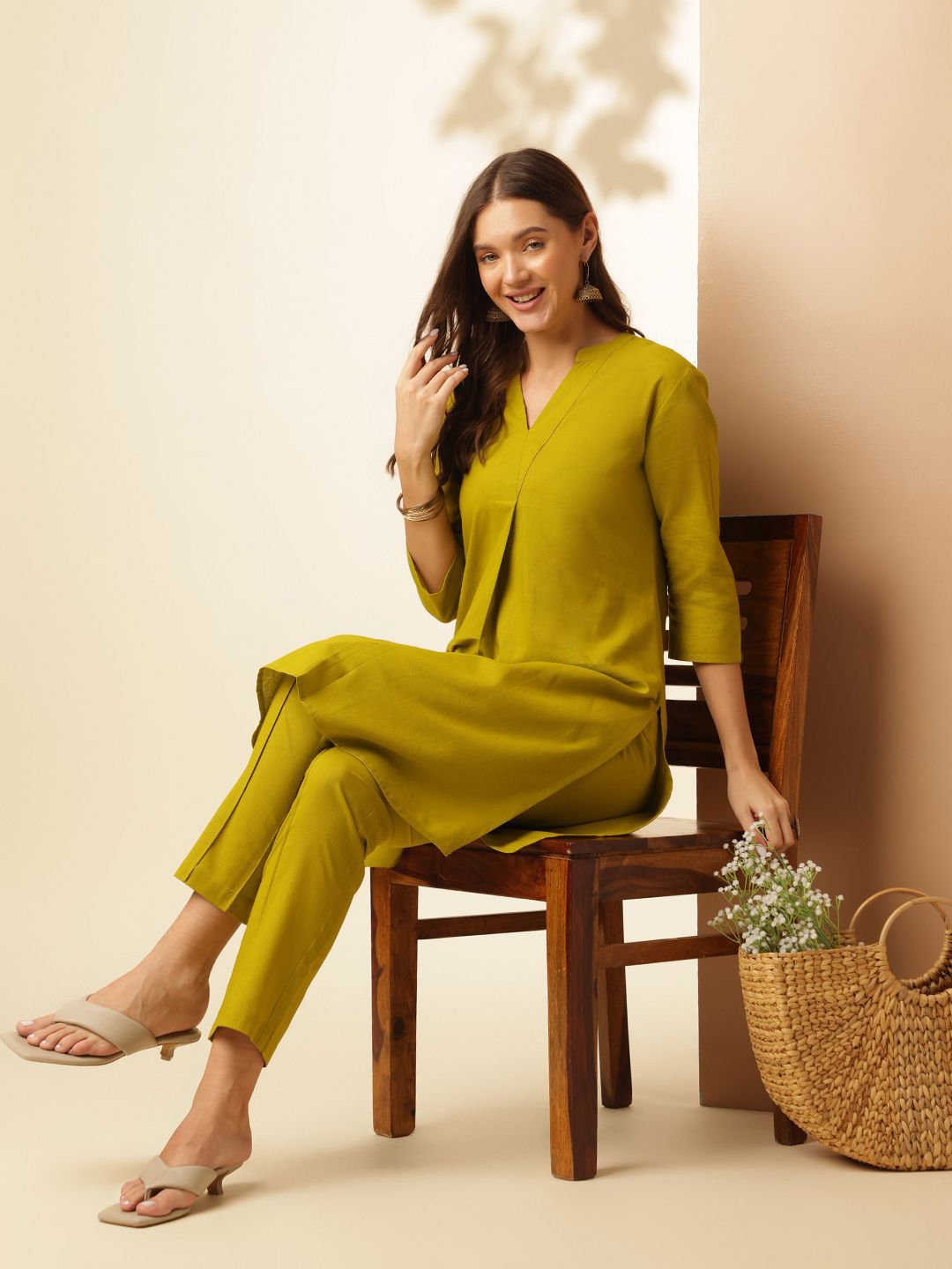 Anouk Pure Cotton Pleated Straight Kurta & Trouser