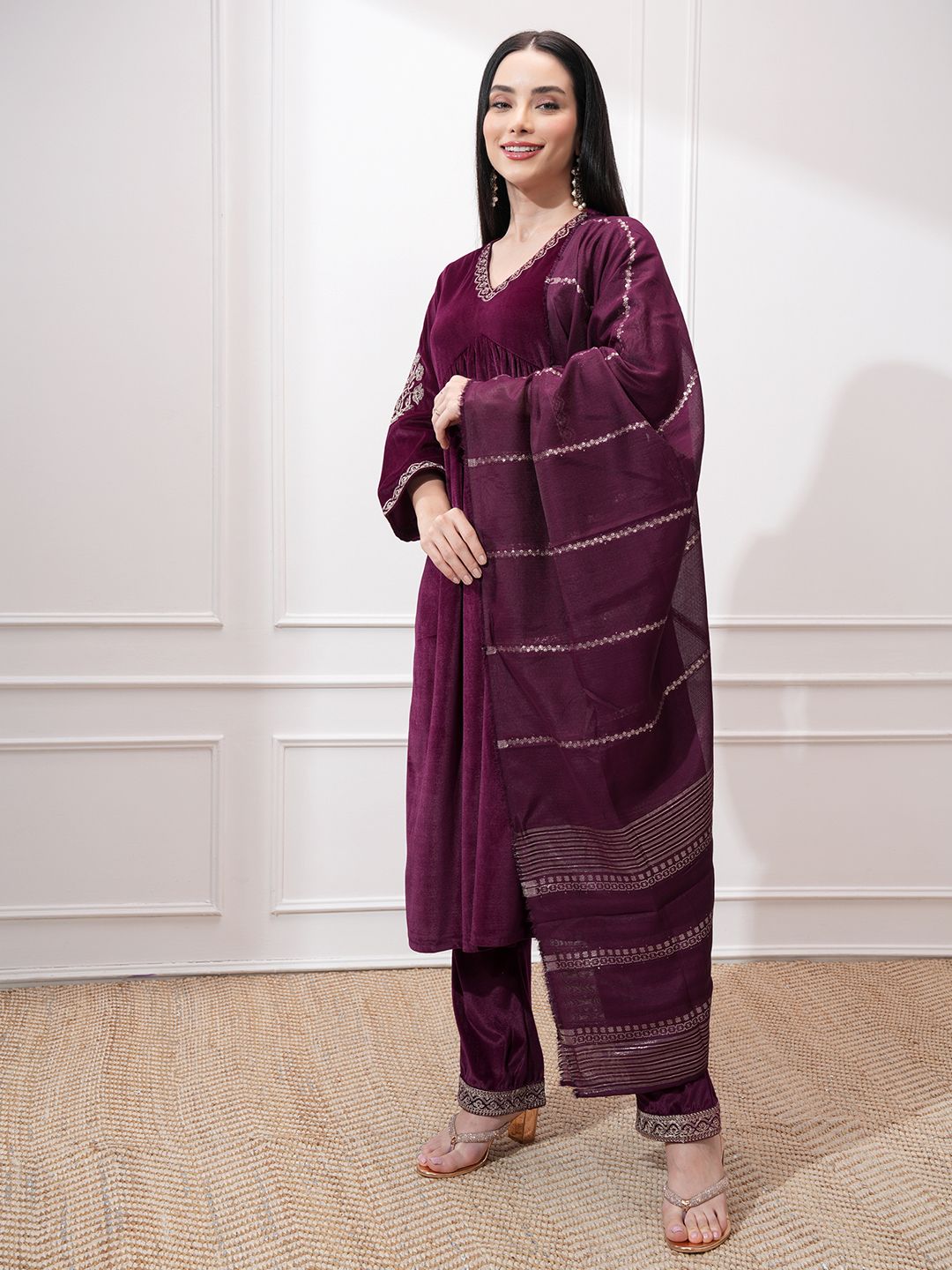 Vishudh Women Ethnic Motifs Embroidered Regular Kurta with Trousers & With Dupatta