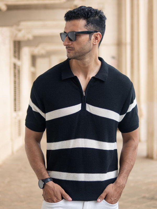Powerlook Men Black & White Striped Pure Cotton Polo Collar T-shirt