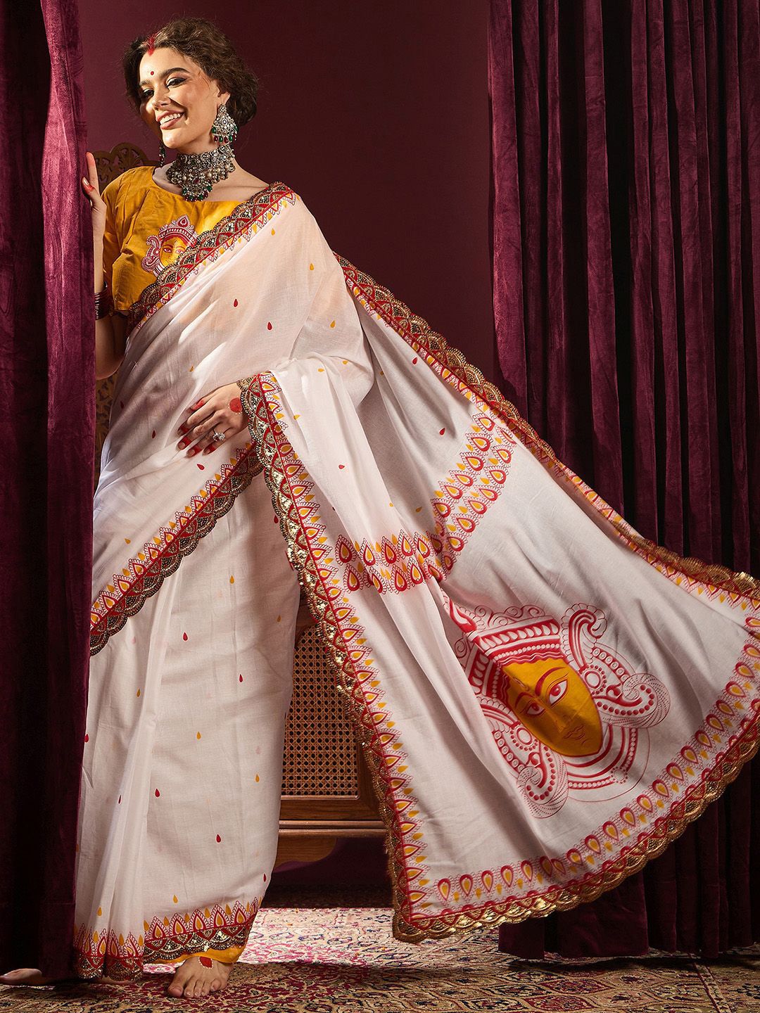 Saree mall Peach Cotton Ethnic Embellished Durga Puja Saree
