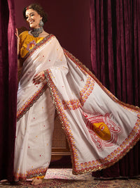 Saree mall Peach Cotton Ethnic Embellished Durga Puja Saree