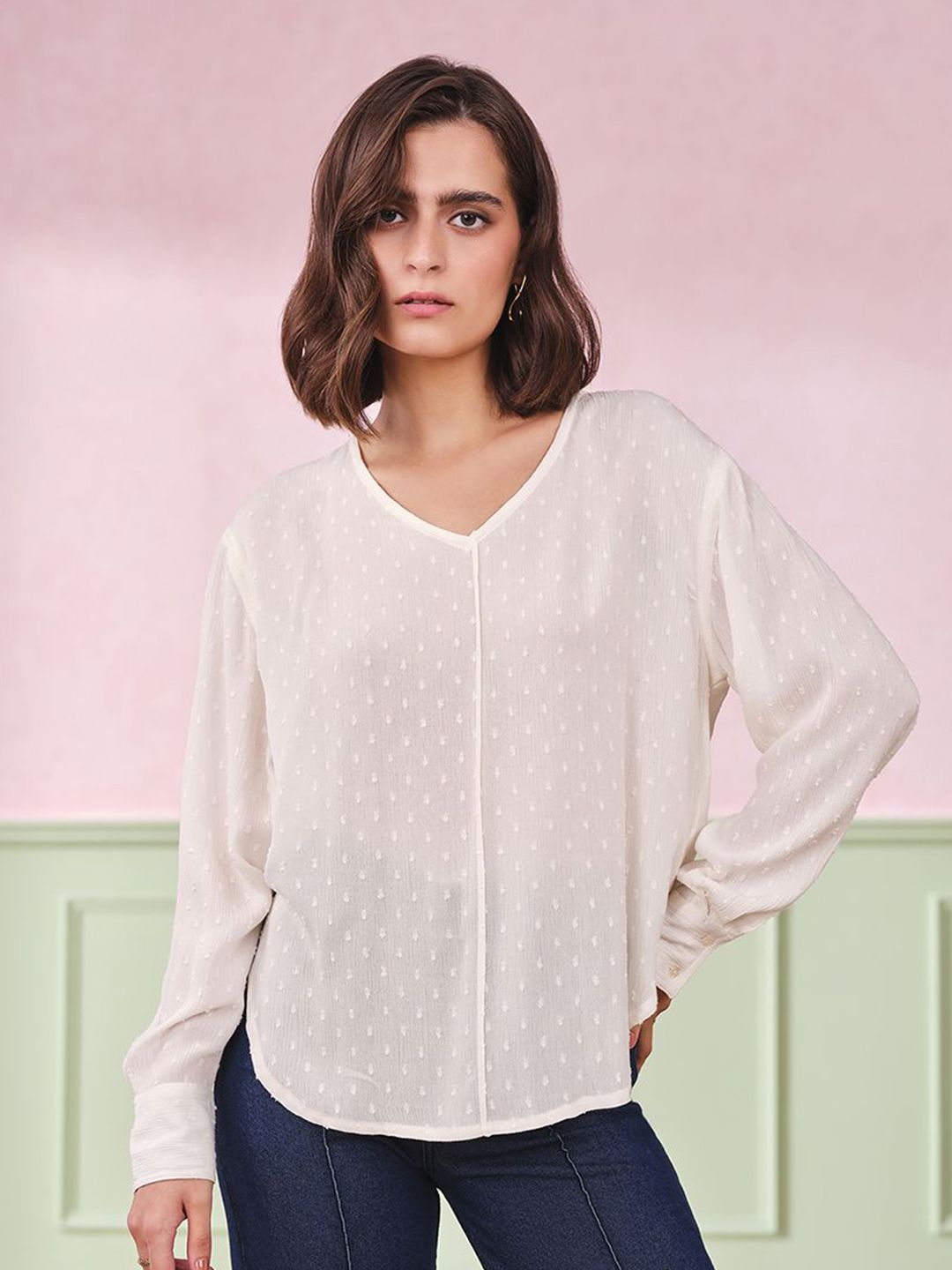 AND Women V-Neck Semi Sheer Regular Top