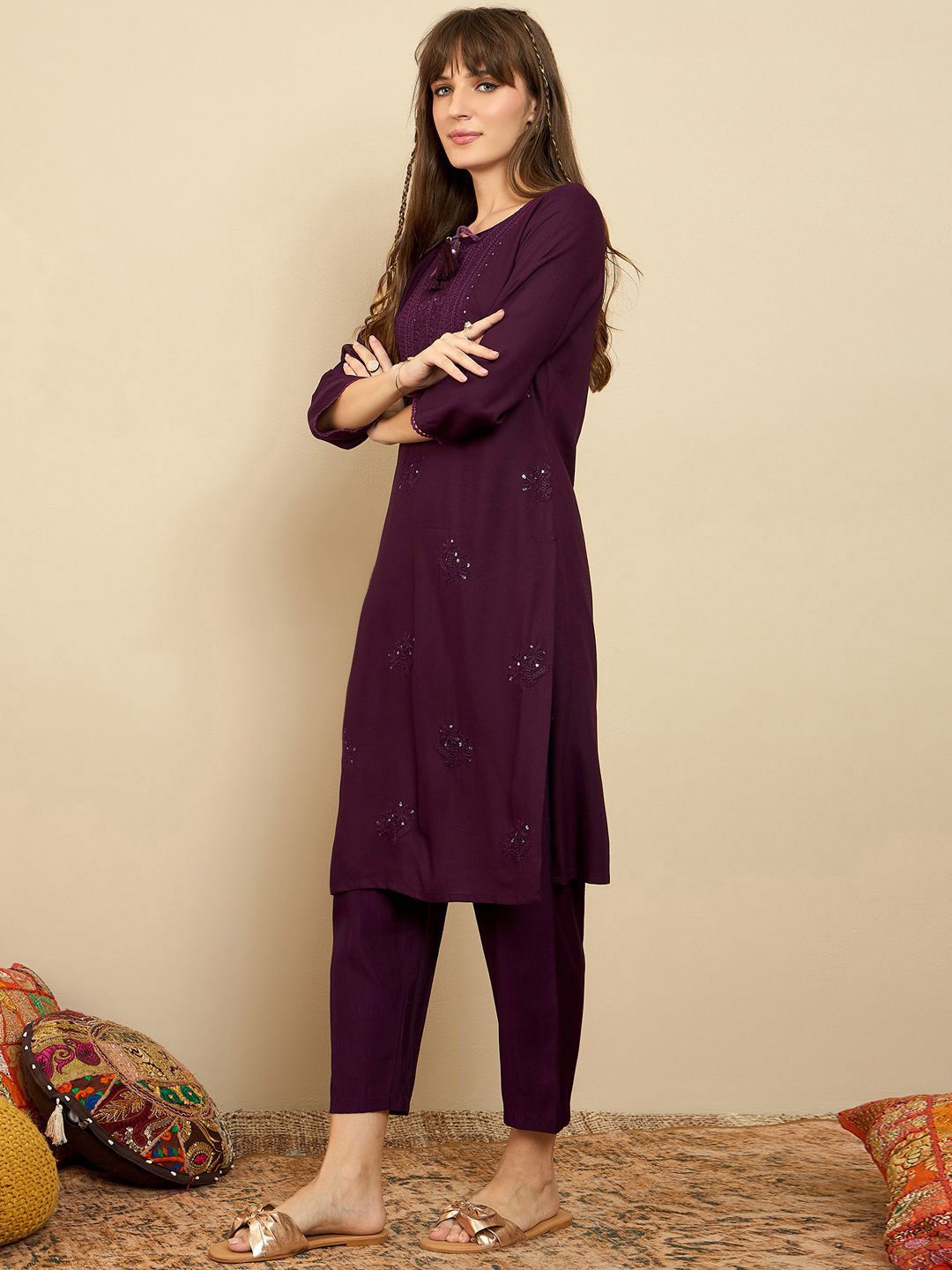 Indo Era Burgundy Floral Embroidered Tie Up Neck Straight Kurta