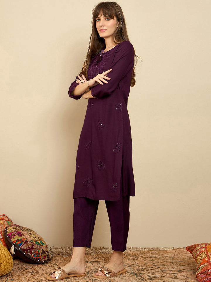 Indo Era Burgundy Floral Embroidered Tie Up Neck Straight Kurta