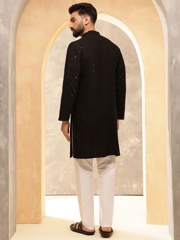 Anouk Black Geometric Embroidered Mandarin Collar Straight Pure Cotton Kurta With Trousers