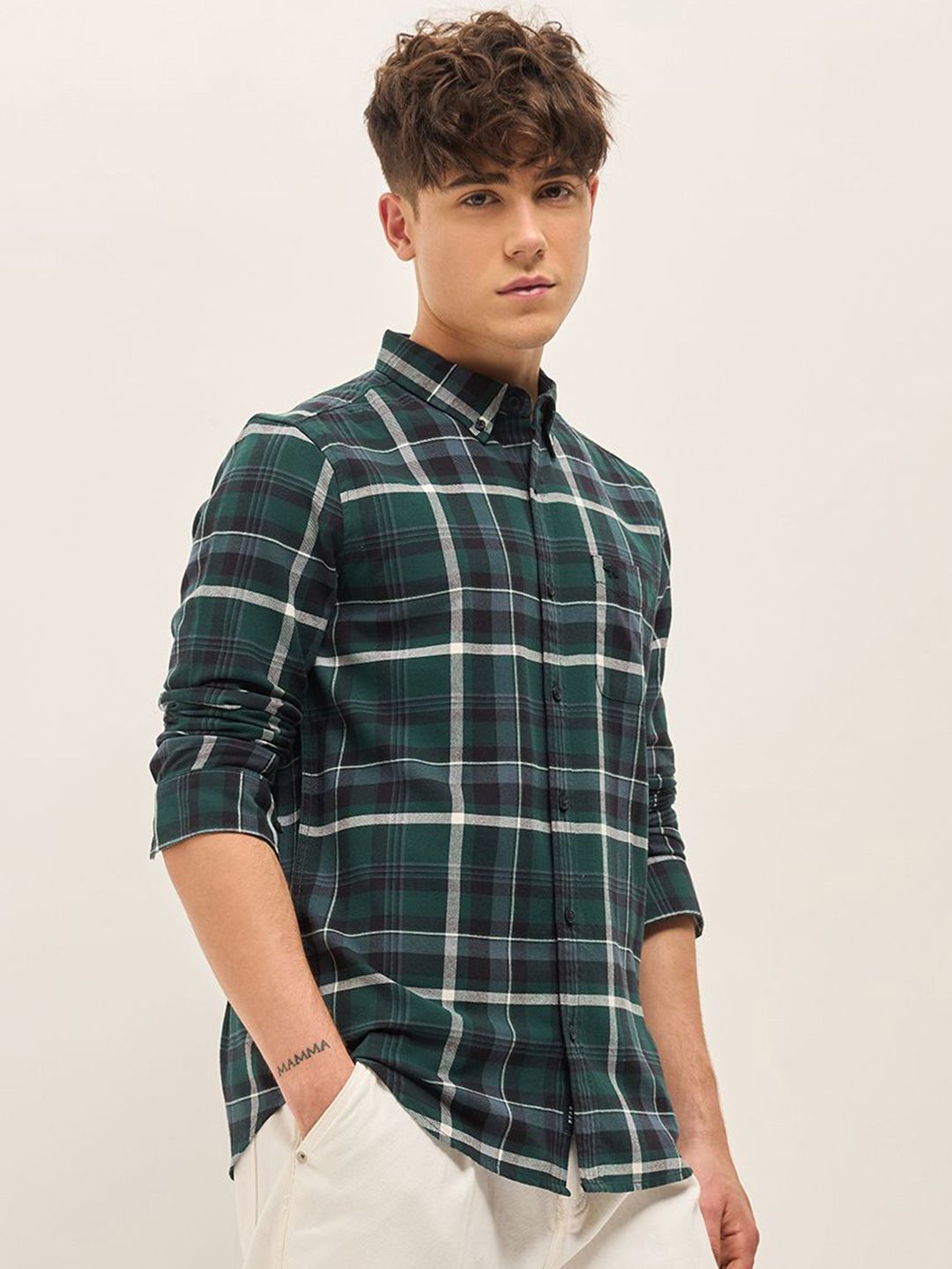 THE BEAR HOUSE Men Button-Down Collar Checked Cotton Slim Fit Casual Shirt