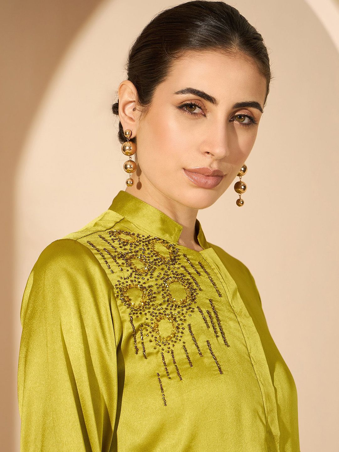 Antheaa 100% Satin Embroidered Mandarin Collar Tunic & Palazzo