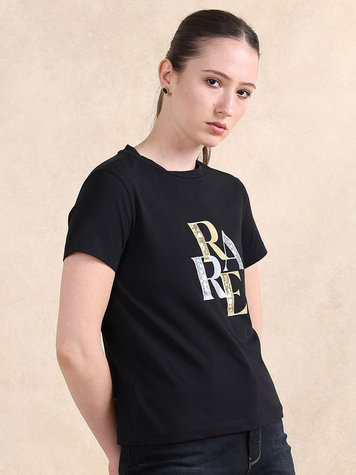 Rareism Wanita tipografi dicetak t-shirt kapas leher bulat