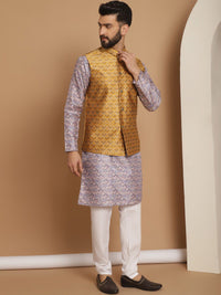 Anouk Men Geometric Printed Straight Kurta With Churidar & Nehru Jacket