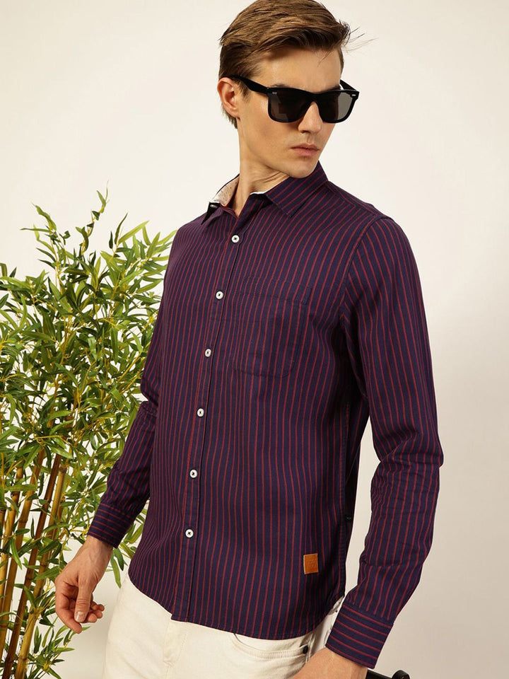 Thomas Scott Men Smart Spread Collar Vertical Striped Cotton Slim Fit Casual Shirt