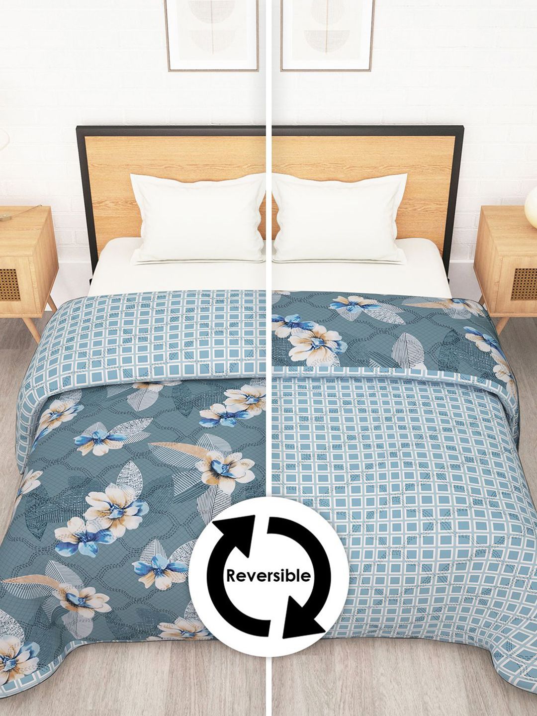 Story@home Grey & Blue Printed Reversible 120 GSM AC Room Double Bed Comforter