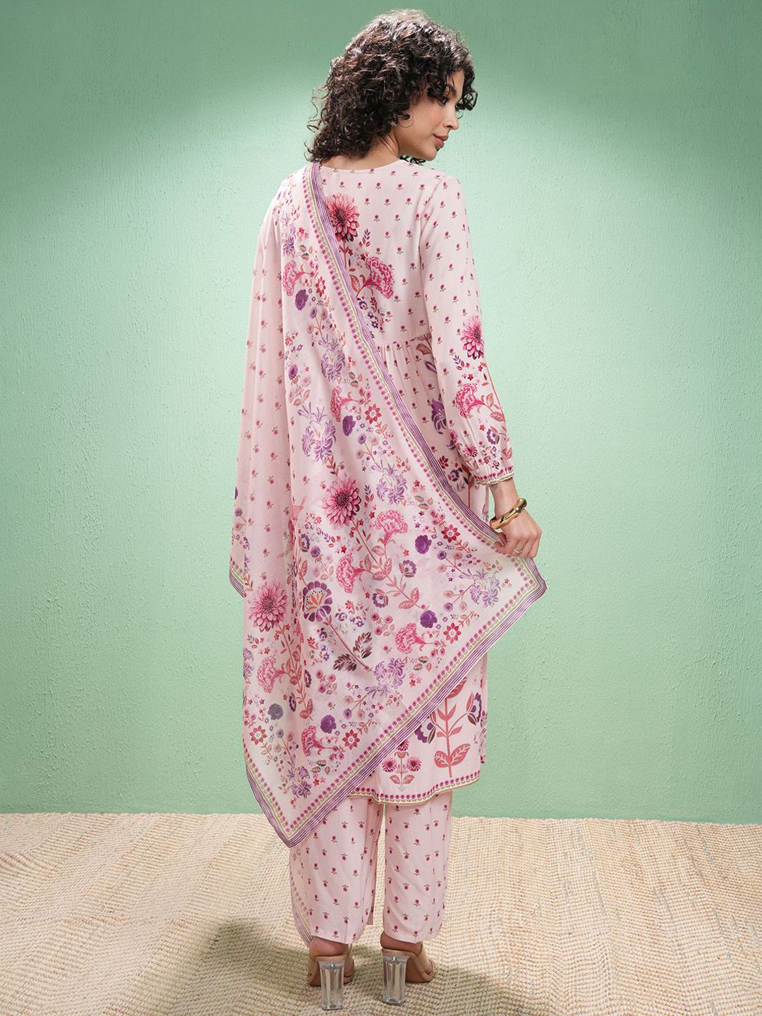 Vishudh Floral Printed V-Neck Empire A-Line Kurta With Trouser And Dupatta