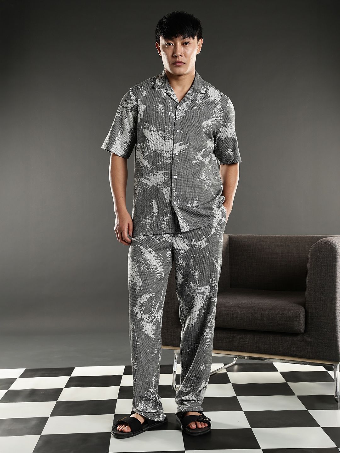 Eszett Grey Abstract Printed Jacquard Spread Collar Pure Cotton Shirt With Trouser Co-Ord Set