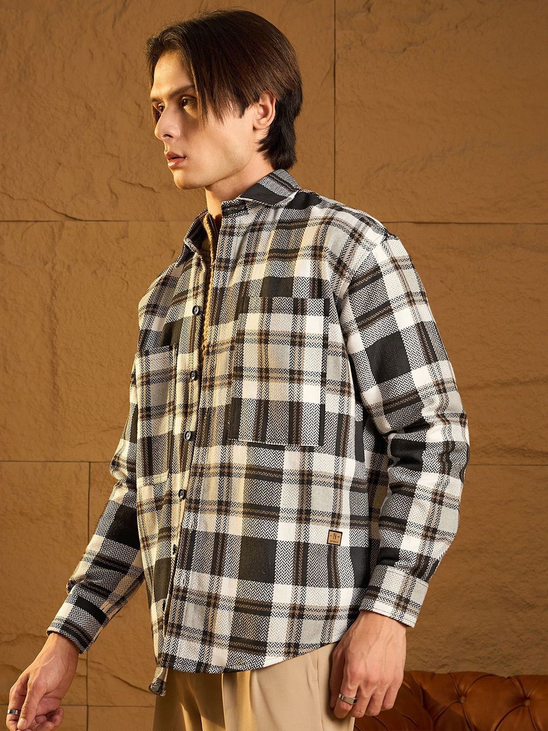 DENNISON Men Double Pocket Drop Shoulder Oversized Cotton Checked Shacket