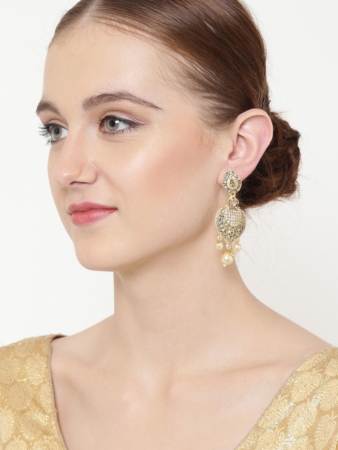 Anouk White Gold-Plated Stone Studded & Beaded Leaf Shaped Drop Earrings