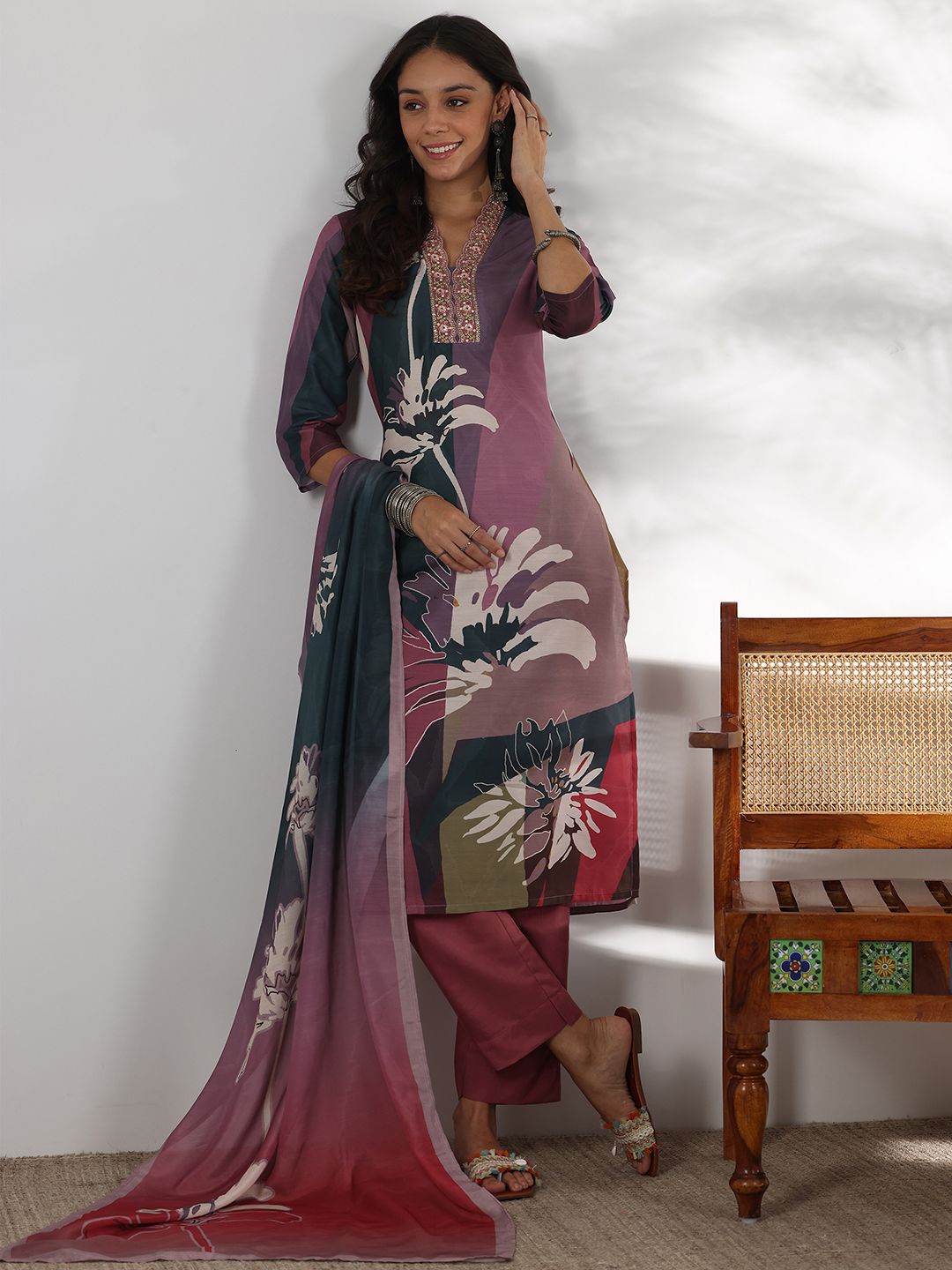 Libas Floral Printed Thread Work Straight Kurta with Trousers & Dupatta