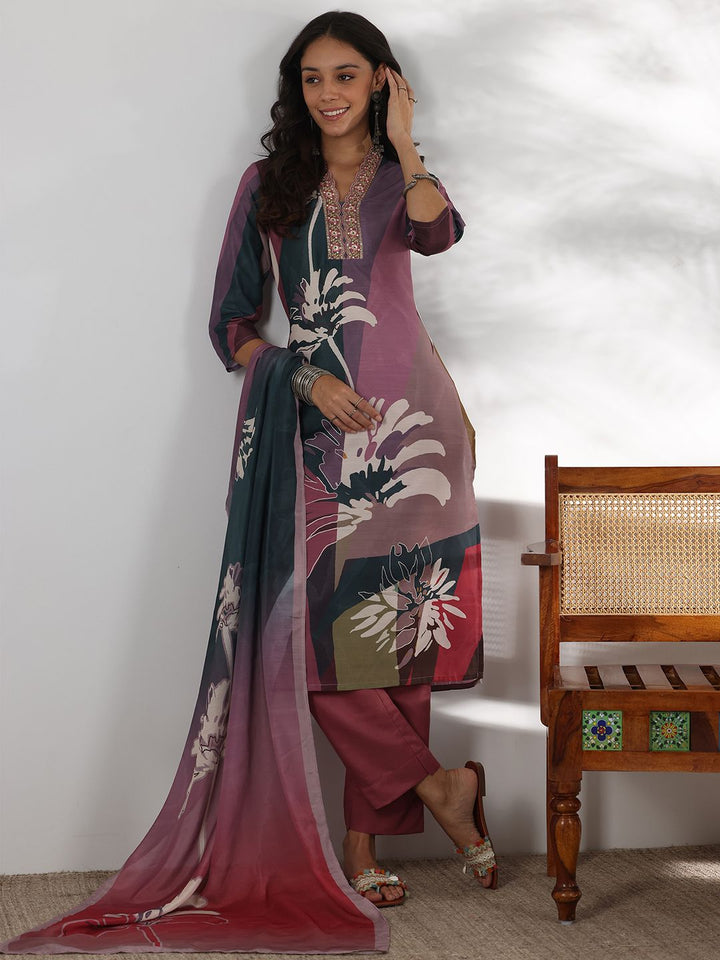 Libas Floral Printed Thread Work Straight Kurta with Trousers & Dupatta