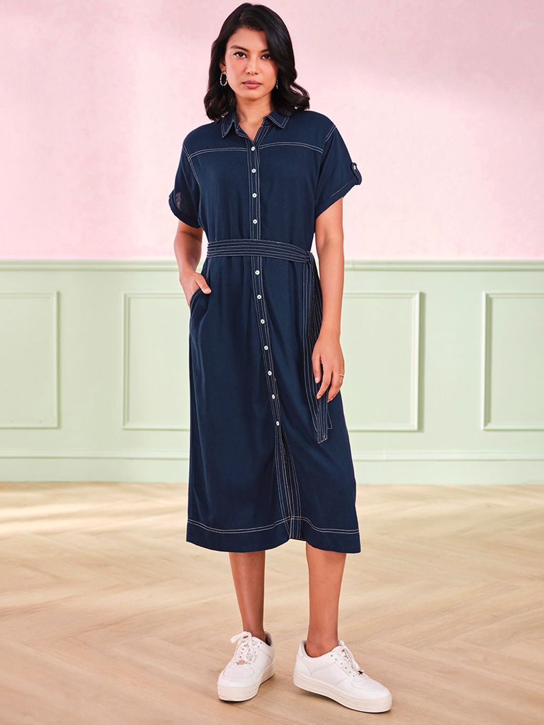 AND Women Solid Denim Midi Dress