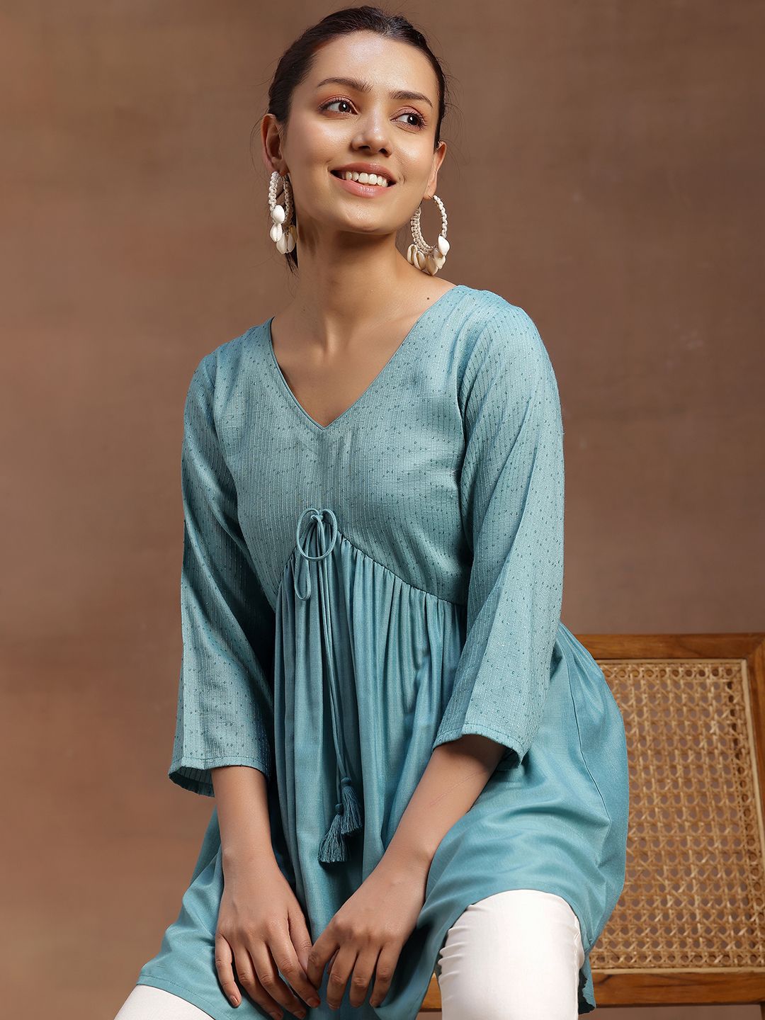 Libas Embellished V-Neck Sequinned Sequinned Pleated Kurti