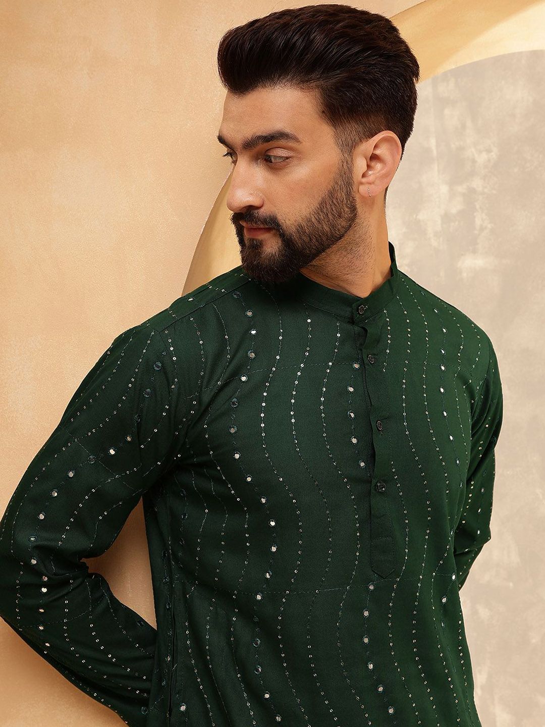 Anouk Green Floral Sulam Kolar Jalur Labuci Kapas Kurta Lurus