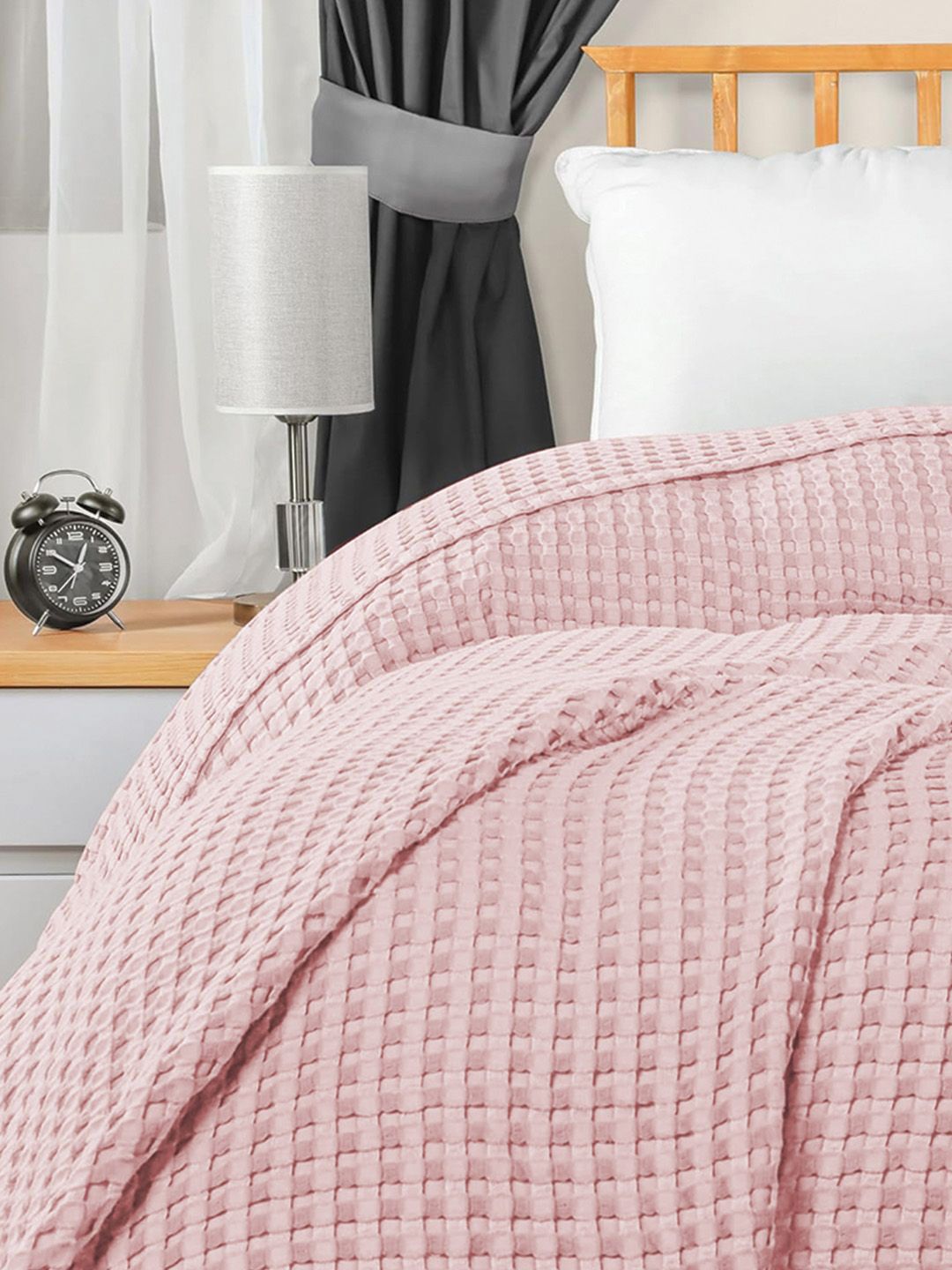 URBAN SPACE Waffle Pink Checked Cotton AC Room 150 GSM Double Bed Blanket