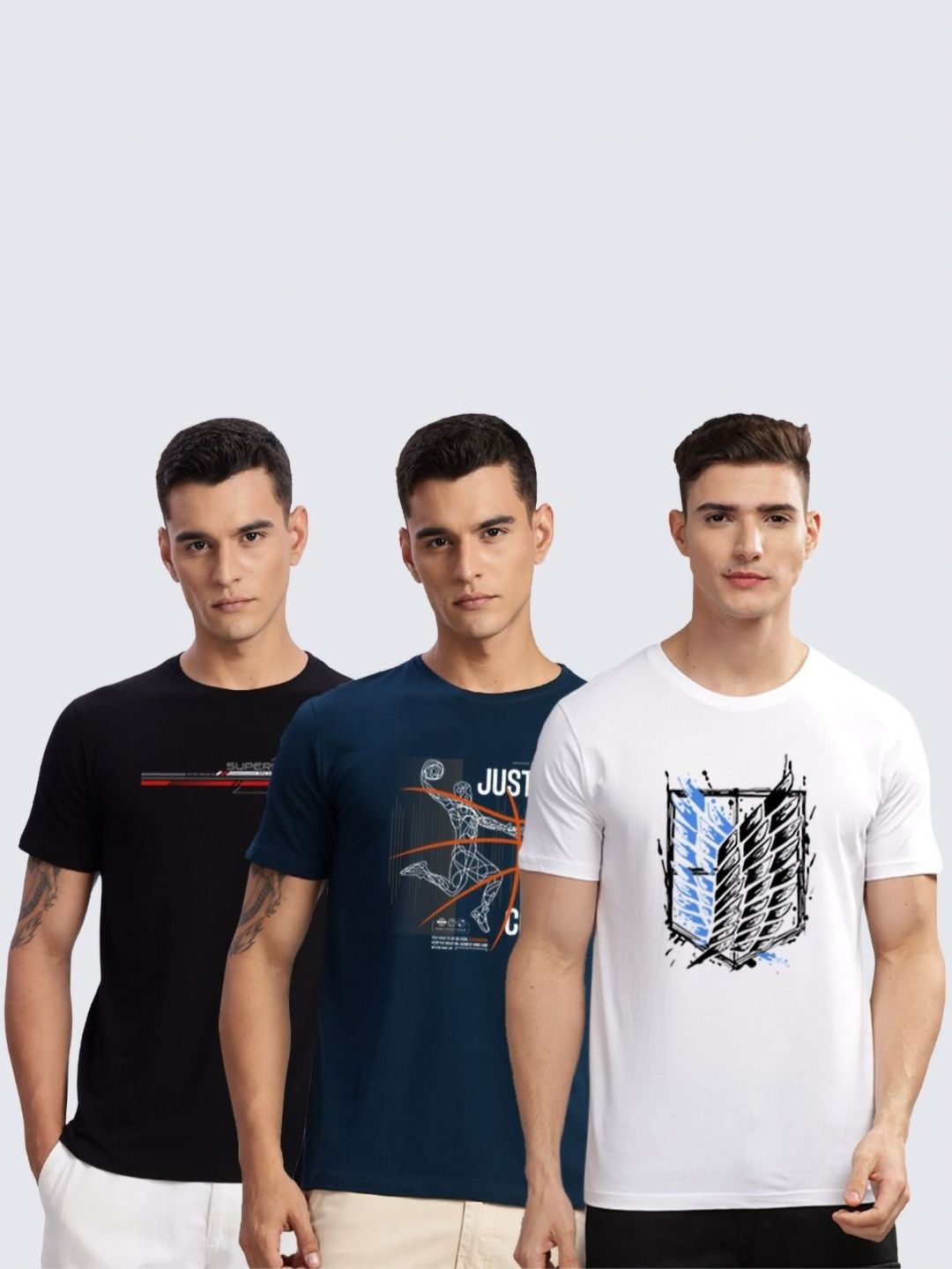 Pek ADRO Lelaki dengan 3 T-shirt Kapas Leher Bulat Bercetak Grafik