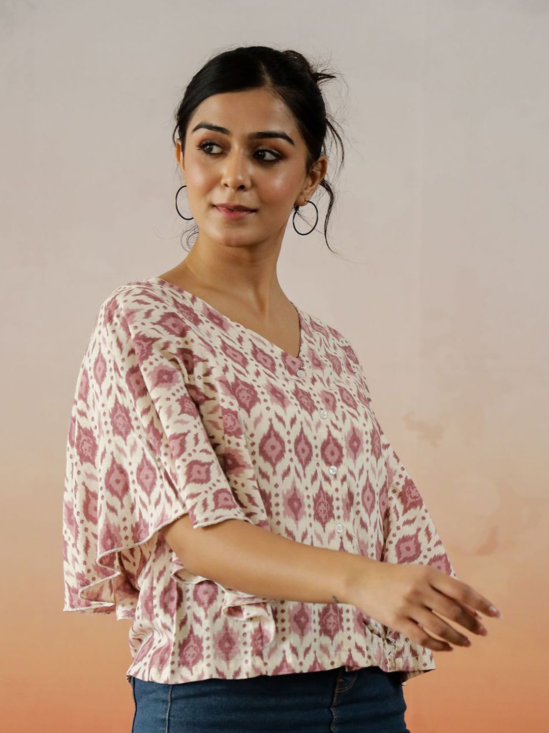 SANSKRUTIHOMES Women Abstract Prined Kimono Sleeve Pure cotton Top