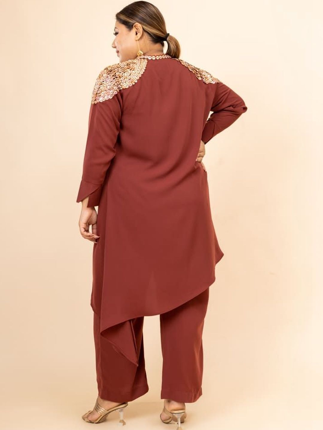 Mamicha Women Self Design Jacket With Crop Top and Trousers Co-Ord Set