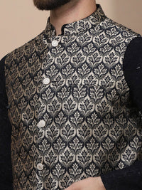 Anouk Black Floral Embroidered Sequinned Cotton Straight Kurta & Churidar & Nehru jacket