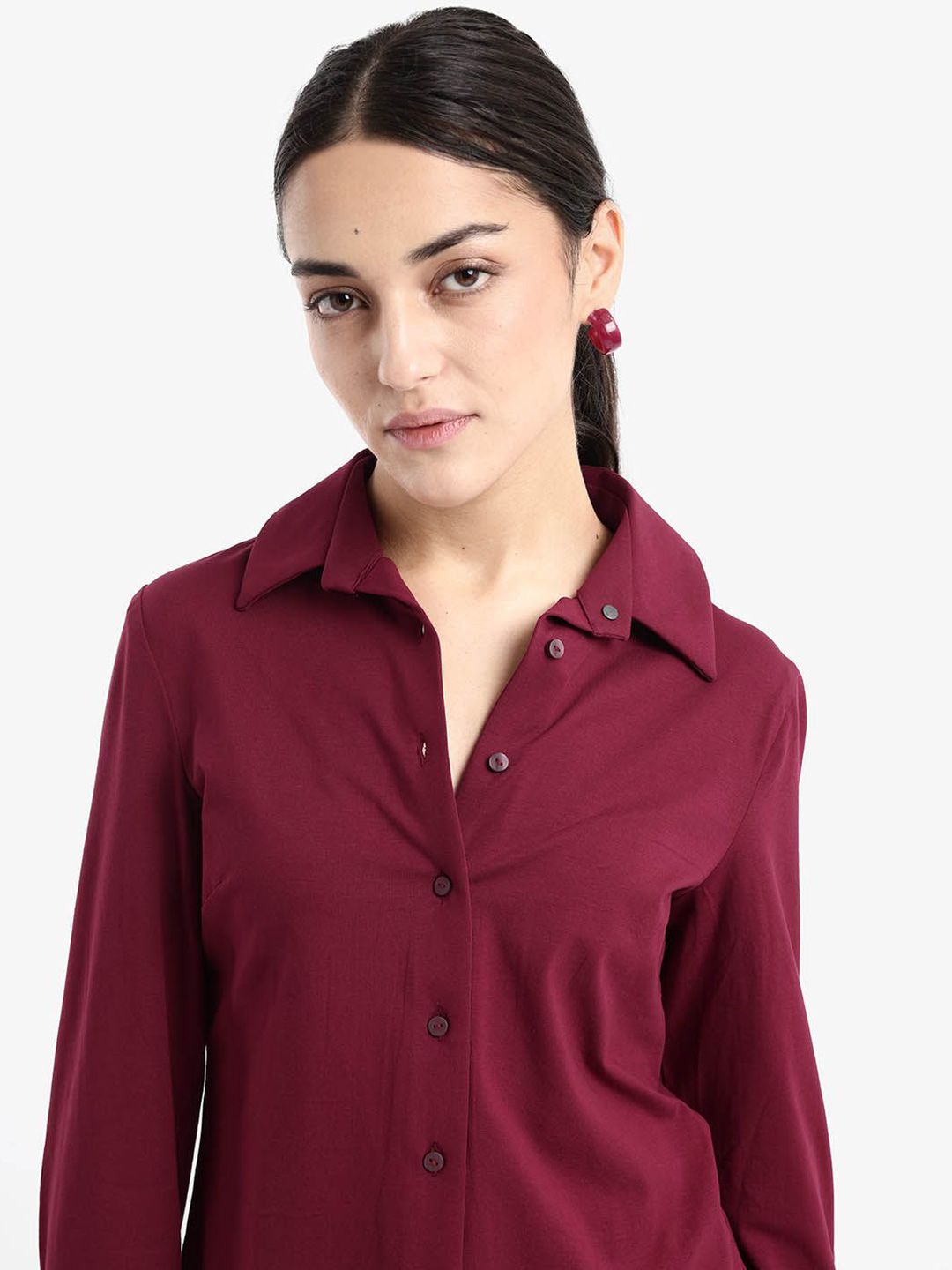 RAREISM Women Comfort Spread Collar Solid Cotton Formal Shirt